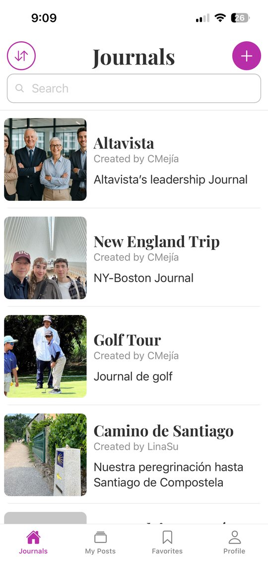 The list of journals in the Journale app